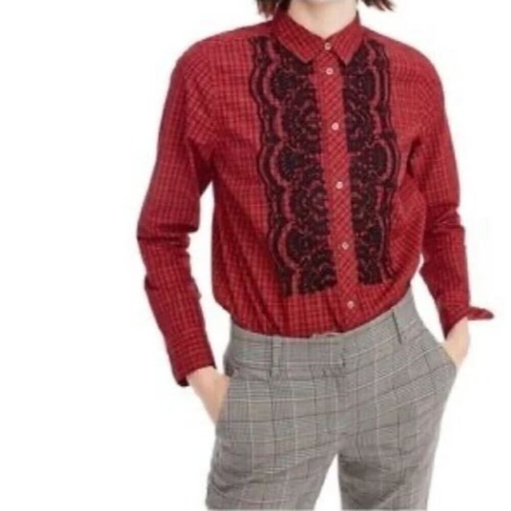 J Crew Top Womens 6 Red Plaid Embellished Embroidered Button Up Flirty Feminine